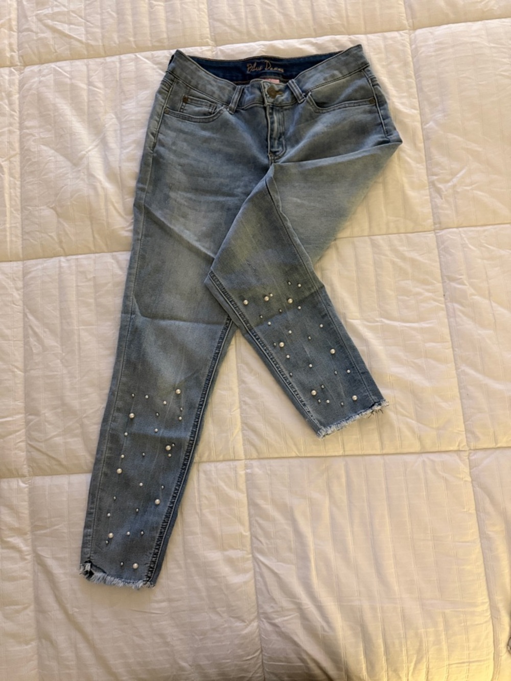 Pearl-Embellished Light Blue Skinny Jeans - Women's Stretch Denim